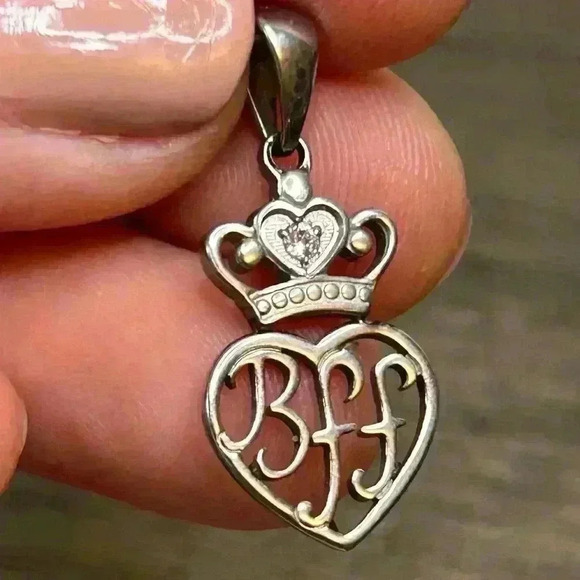 Silver Tone BFF Heart and Crown with Pink Crystal Gem Pendant - Picture 2 of 2